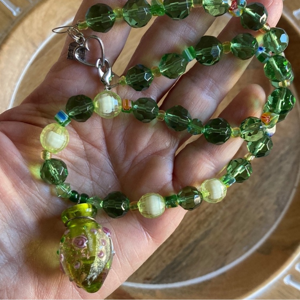 Glass beaded necklace green pink wedding cake style handmade